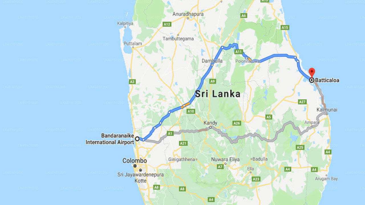 Colombo Airport (CMB) to Batticaloa City Private Transfer