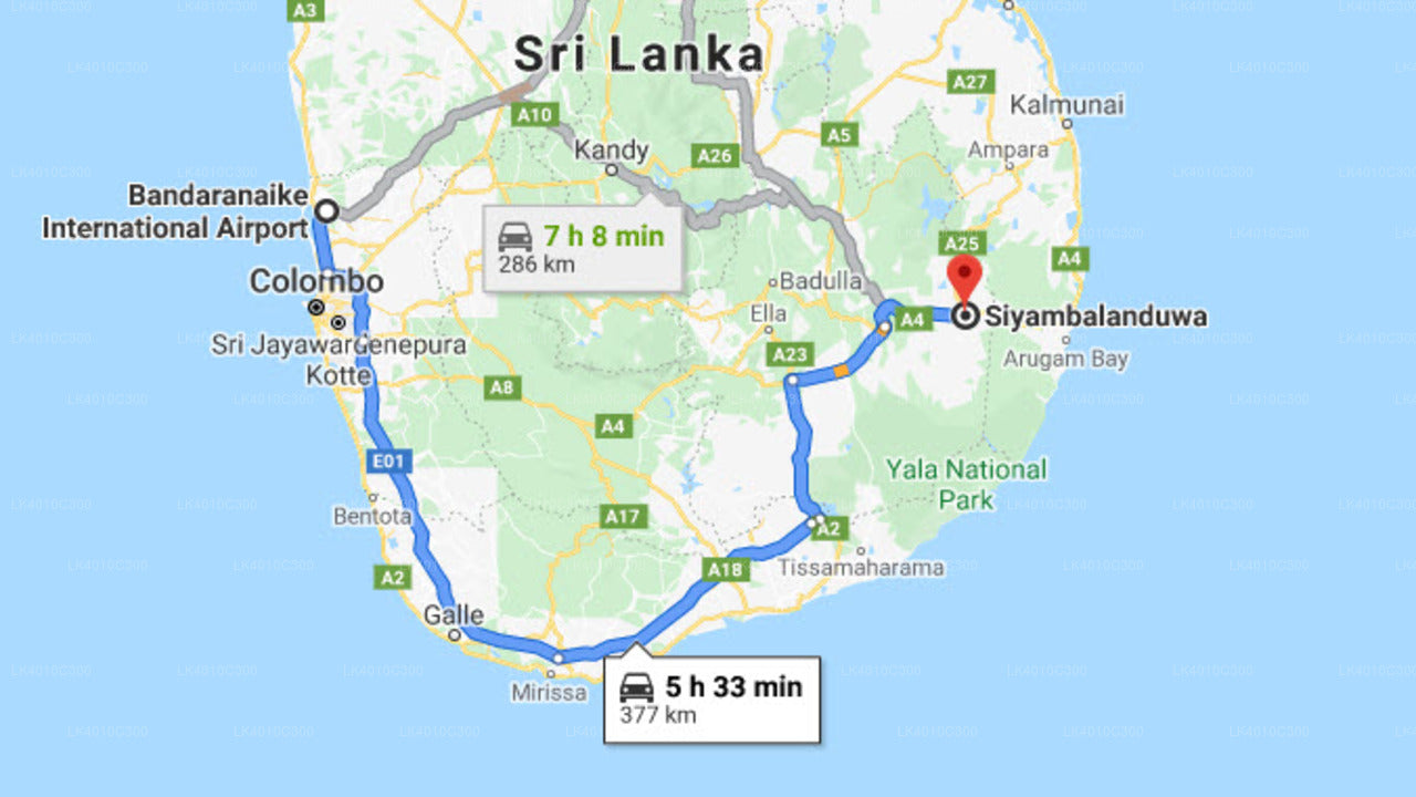 Colombo Airport (CMB) to Siyambalanduwa City Private Transfer