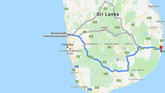 Transfer between Colombo Airport (CMB) and Tri-Star Beach Hotel, Arugam Bay