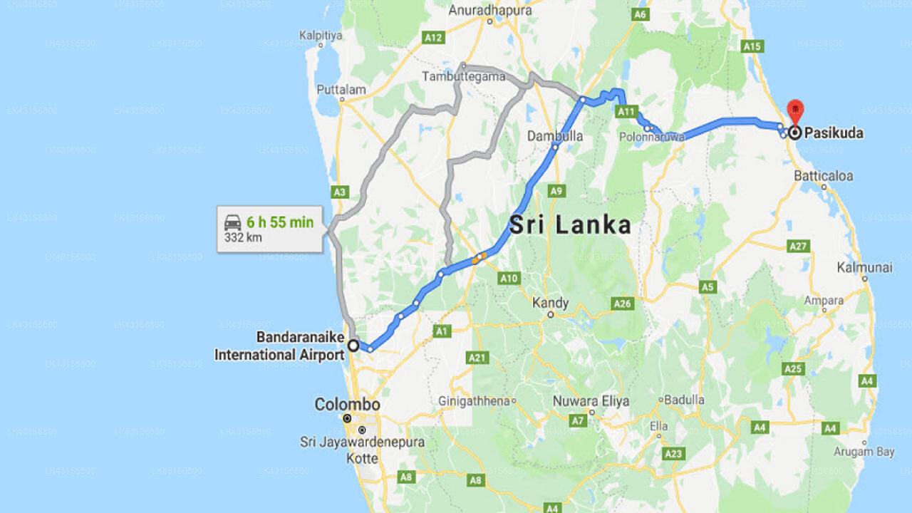 Transfer between Colombo Airport (CMB) and Thal Sevana Holiday Bungalow, Pasikuda