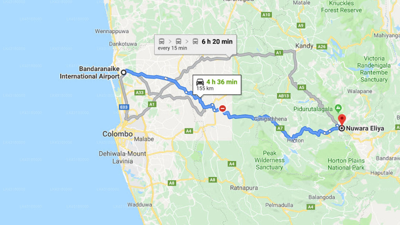 Transfer between Colombo Airport (CMB) and Lady Horton Bungalow, Nuwara Eliya