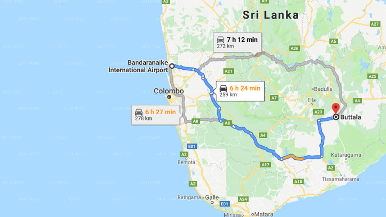 Transfer between Colombo Airport (CMB) and Wild Escape, Buttala