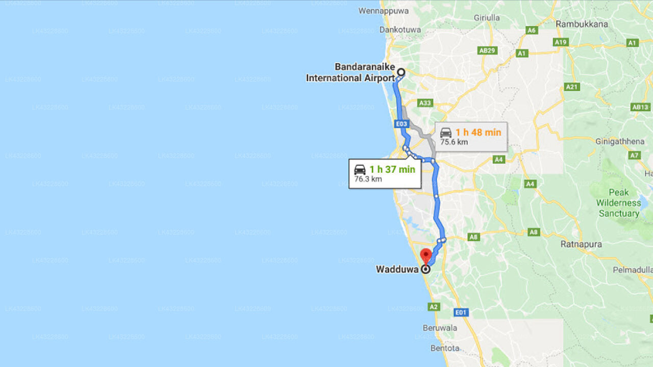 Transfer between Colombo Airport (CMB) and Blue Spring Hotel, Wadduwa