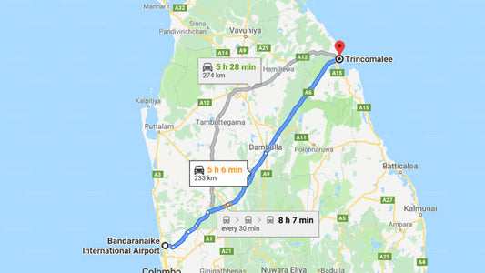 Transfer between Colombo Airport (CMB) and Trinco Mitra Inn, Trincomalee